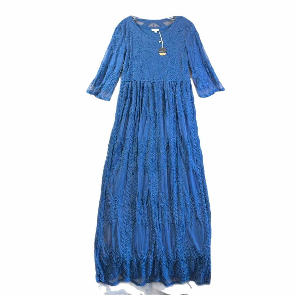 PinkBlush Blue Mesh Floral Embroidered Maxi Dress S/M Fairy Party Maternity NWT